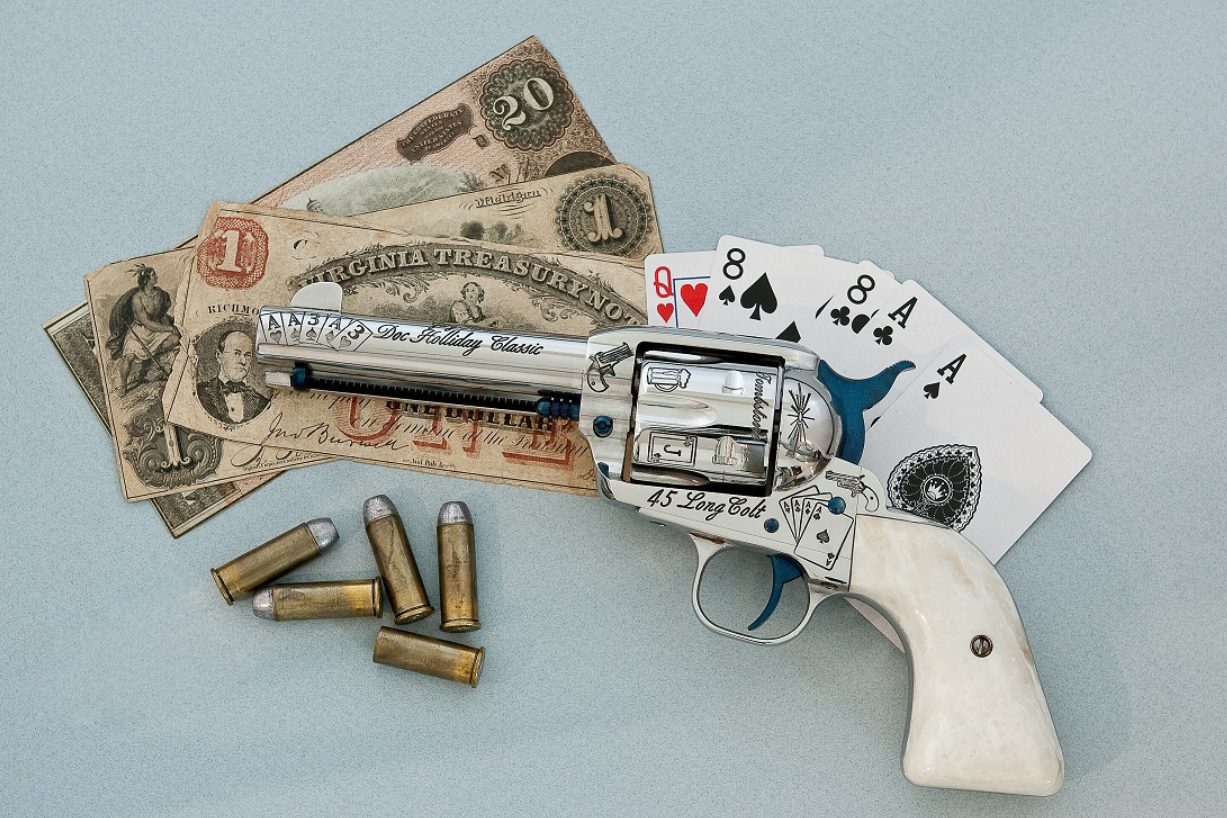 A gun with cards and money on the table