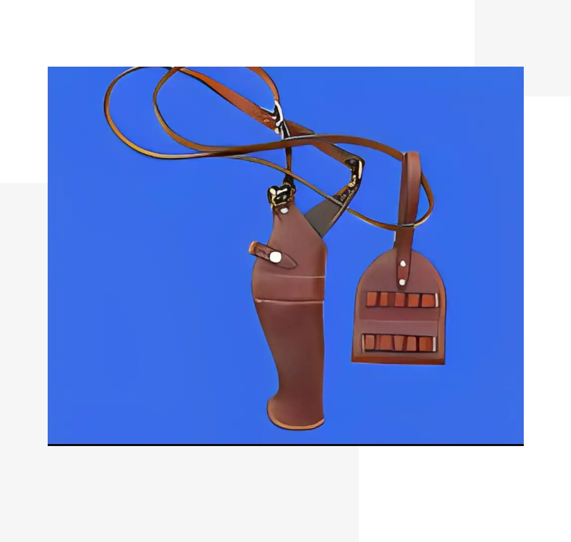 11 A brown leather holster and lanyard with a gun.
