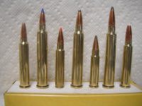 256 Falcon, 257 GNR, 6.5 Raptor, 277 GNR, 284 GNR, 280 GNR, 7 GNR_small A row of different types of bullets sitting on top of a table.