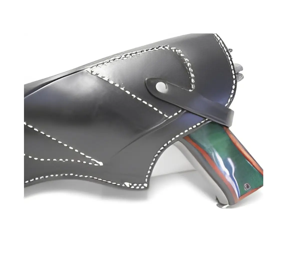 5 A black leather purse with silver rivets and a gun.