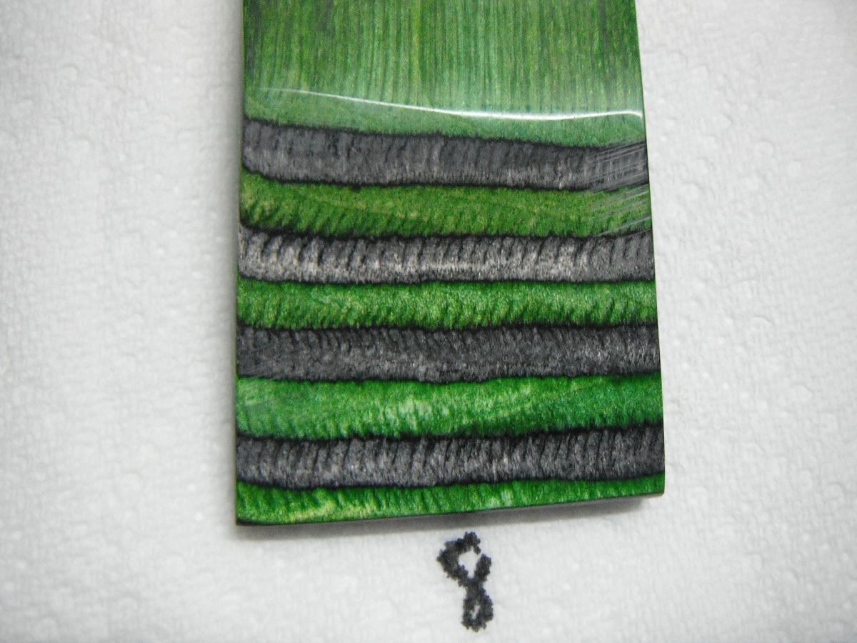 A green and black striped scarf hanging on the wall.