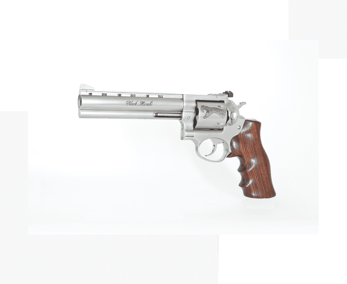 Group 20 A silver gun with wooden grips on top of a white background.