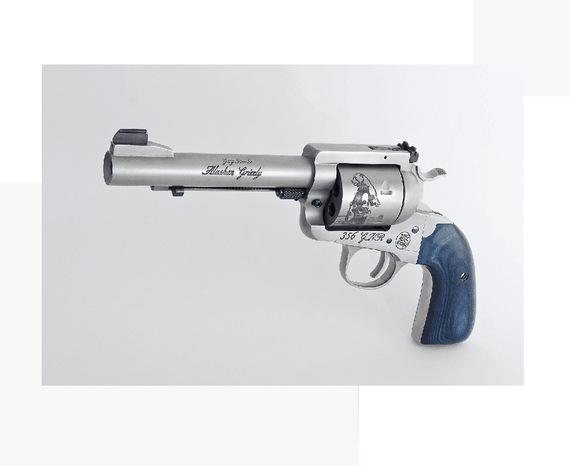 Group 43 A silver and blue revolver with the word " gun " on it.