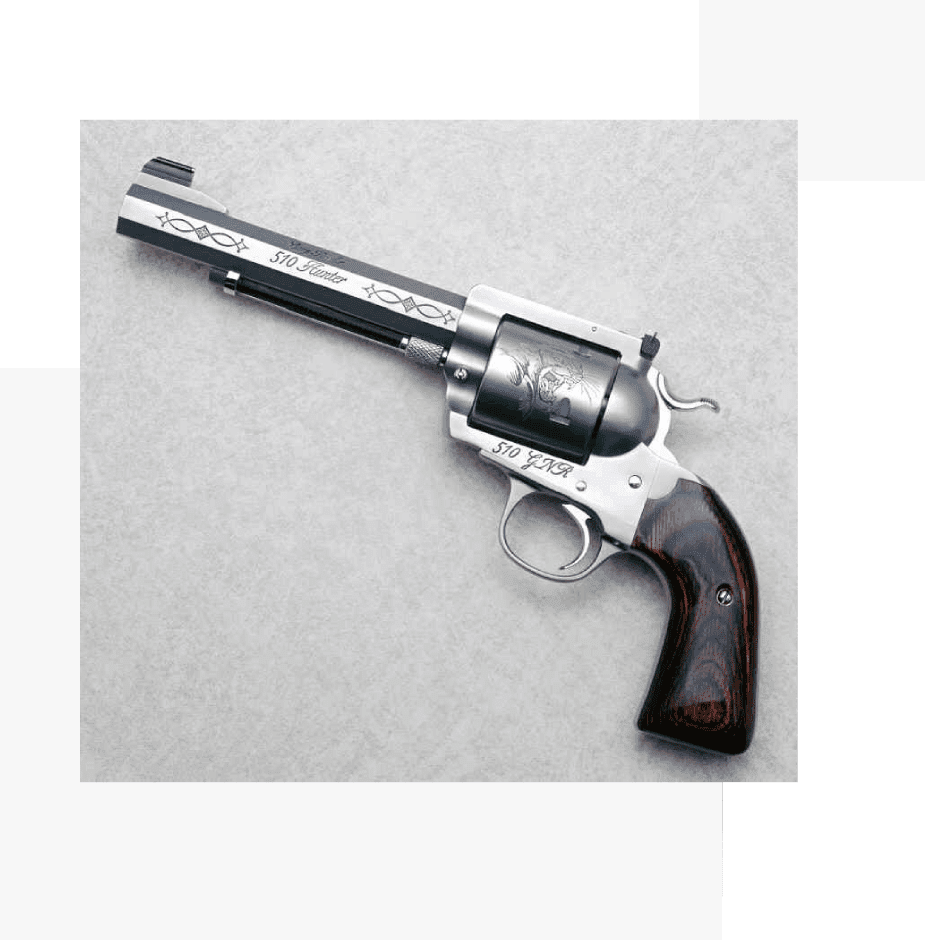 Group 43 A gun with the handle on is in front of a white background.
