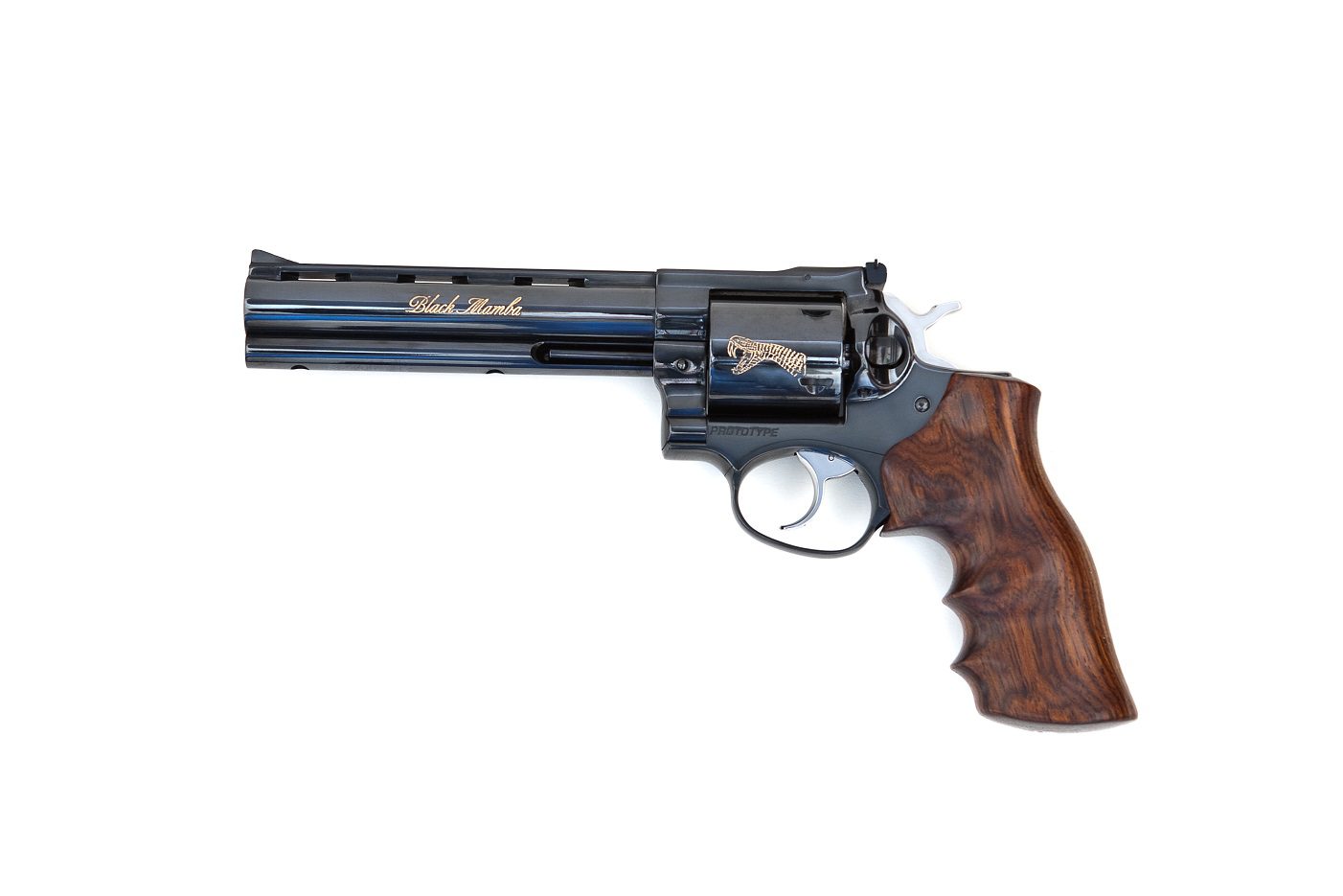 A black and brown gun with a wooden handle.